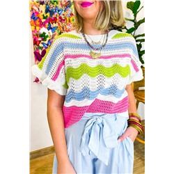 White Colorblock Crochet Knit Ruffled Short Sleeve Sweater Top