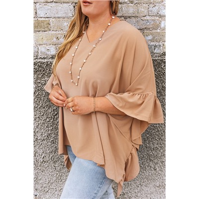 Smoke Gray Plus Size Ruffled Batwing Sleeve V Neck Blouse