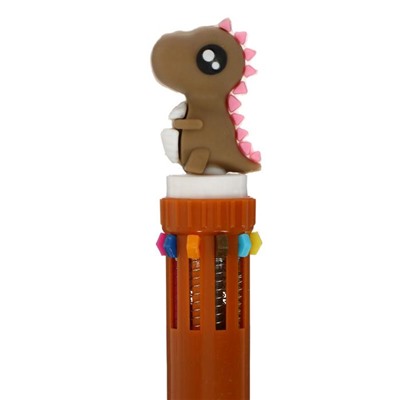 Ручка шариковая автоматическая 10-ти цветная, "Динозавр", цвет коричневый, в пакете