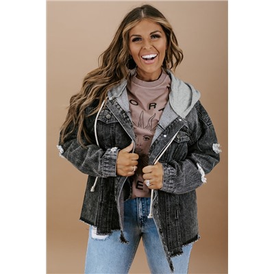 Black Drawstring Hooded Frayed Denim Jacket