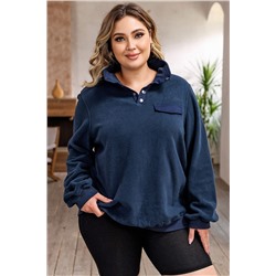 Blue Snap Buttons Pullover Plus Size Fleece Sweatshirt