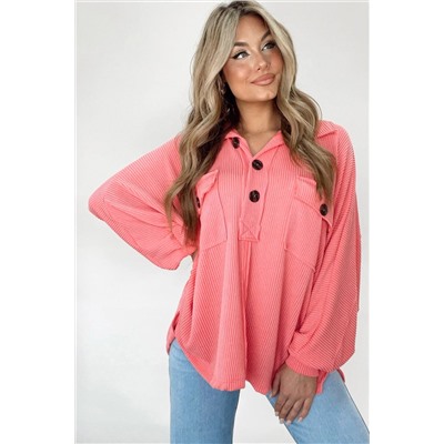 Pink Corded Flap Pocket Henley Top