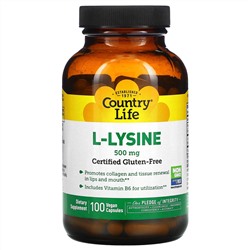 Country Life, L-лизин, 500 мг, 100 растительных капсул