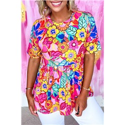 Rose Floral Print Short Sleeve Pleated Babydoll Top