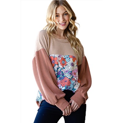 Printed Floral Contrast Colorblock Ribbed Top