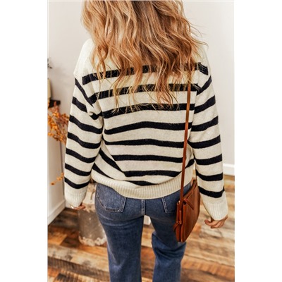 Apricot Striped Knit Drop Shoulder Collared V Neck Sweater