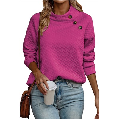 Rose Quilted Buttoned Neckline Stand Neck Pullover Sweatshirt