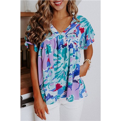 Sky Blue Abstract Print V Neck Flutter Sleeve Blouse