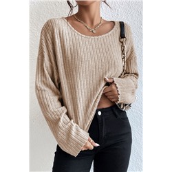 Beige Lettuce Cuffs Drop Shoulder Loose Ribbed Knit Top