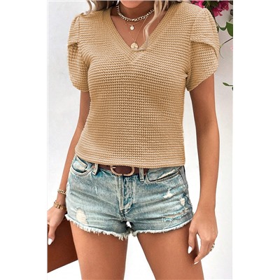 Camel V Neck Petal Sleeve Waffle Knit T-Shirt