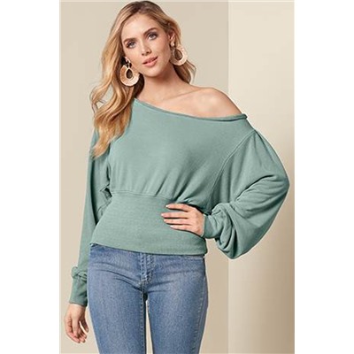 Green Off Shoulder Bishop Sleeve Cinched Waist Blouse