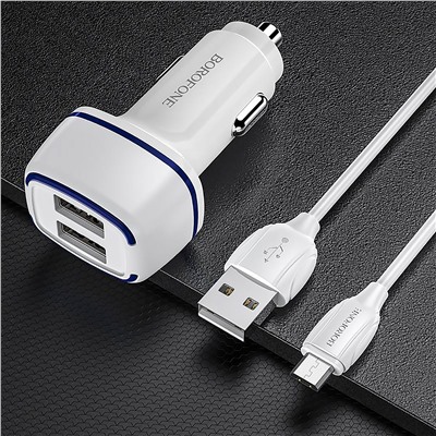 Адаптер Автомобильный с кабелем Borofone BZ14 Max 2USB/5V/2.4A +micro USB (white)