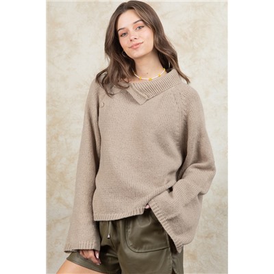 Smoke Gray Wide Sleeve High Neck Side Buttoned Sweater