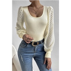 Apricot Delicate Textured Mesh Sleeve Ribbed Knit Blouse