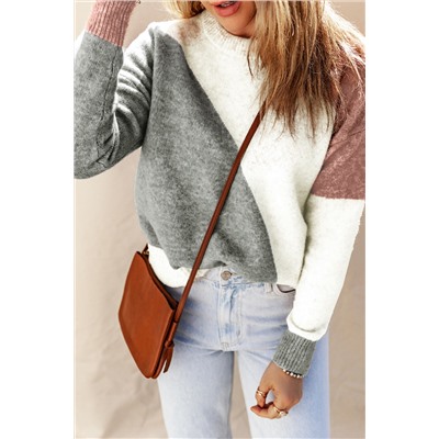 Gray Colorblock Ribbed Trim Round Neck Sweater