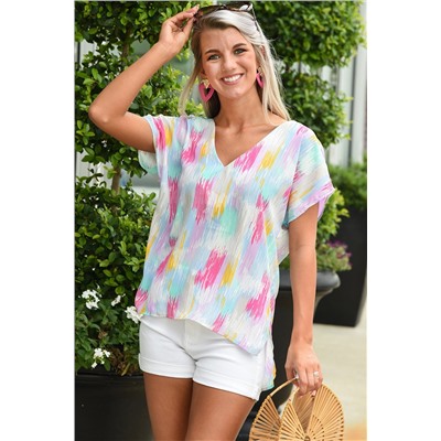 Multicolor Abstract Print V Neck Dolman Blouse