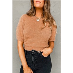 Light French Beige Fuzzy Short Sleeve Sweater