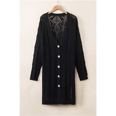 Black Hollow-out Openwork Knit Cardigan