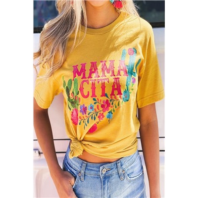 Желтая футболка с принтом кактус и надписью: Mamacita