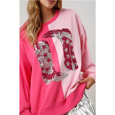 Pink Color Block Sequined Cowgirl Boots Graphic Sweatshirt