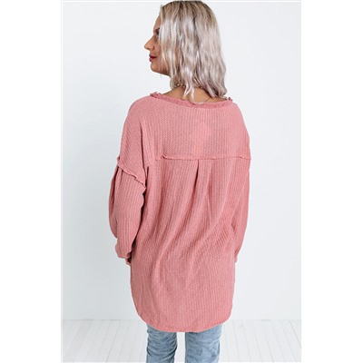 Pink Frayed Patchwork Waffle Knit Top