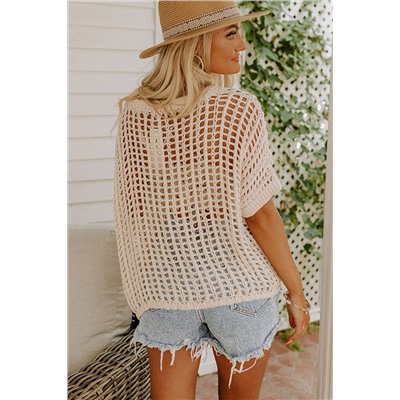 Apricot Fishnet Knit Ribbed Round Neck Short Sleeve Sweater Tee