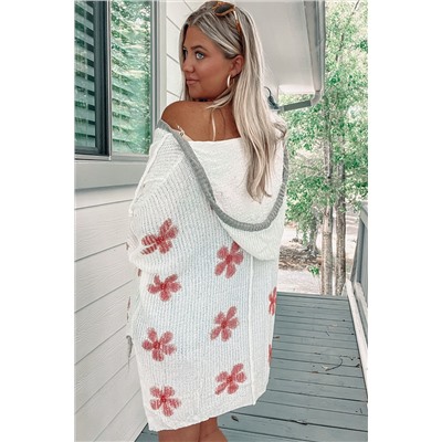 White Floral Print Lightweight Knit Hooded Sweater