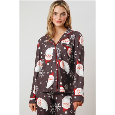 White Printed Christmas Santa Claus Print Shirt and Pants Pajama Set