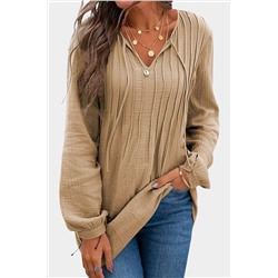 Khaki Casual Pleated V Neck Textured Loose Top