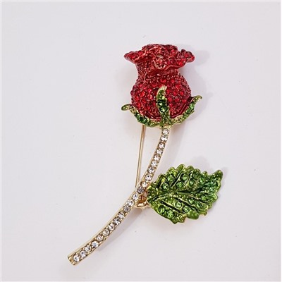 Брошь Роза с камнями в позолоте, цвет красный, зеленый и прозрачный, арт. 748.303