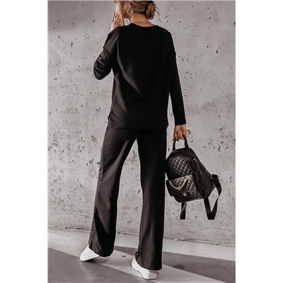 Black Solid Pullover and Seamed Casual Pants Set