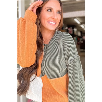 Grapefruit Orange Mixed Texture Color Block Long Sleeve Top