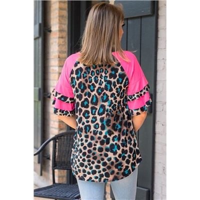 Layered Ruffle Sleeves Patchwork Leopard Print Blouse