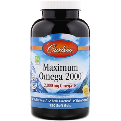 Carlson Labs, Maximum Omega 2000, натуральный лимон, 2000 мг, 180 мягких таблеток