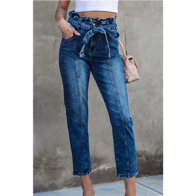 Blue Seamed Stitching High Waist Knot Skinny Jeans