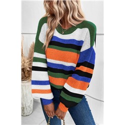 Multicolour Striped Knit Drop Shoulder Puff Sleeve Sweater