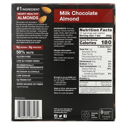 KIND Bars, Milk Chocolate,  Almond, 12 Bars, 1.4 oz (40 g) Each