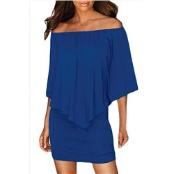 Синее платье-трансформер с широким воланом и резинкой на плечах