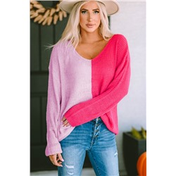 Pink Long Sleeve V-Neck Colorblock Sweater