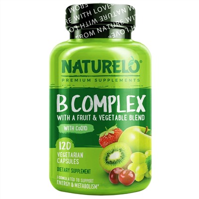 NATURELO, комплекс витаминов группы B со смесью фруктов и овощей, с коэнзимом Q10, 120 вегетарианских капсул