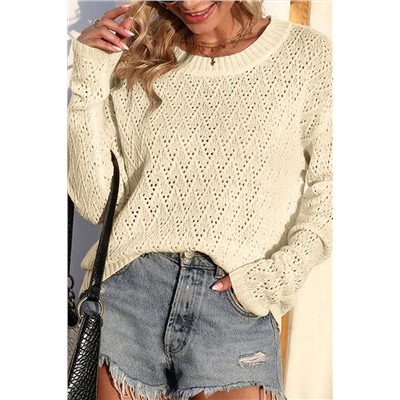 Beige Eyelet Knit Ribbed Trim Sweater