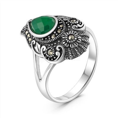 Кольцо из чернёного серебра с натуральным зелёным агатом и марказитами