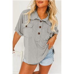 Light Grey Chest Pockets Half Buttoned Collared Blouse