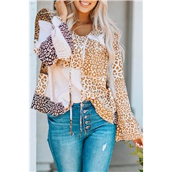 Коричневая блуза в стиле колорблок и леопардовым принтом