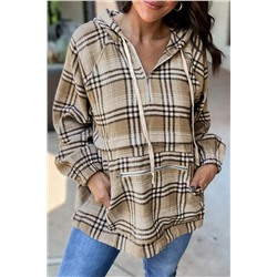 Khaki Printed Zipped Front Pullover Plaid Hoodie
