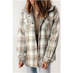 Gray Plaid Pattern Sherpa Lined Hooded Shacket