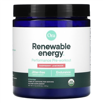 Ora, Renewable Energy, Performance Pre-Workout, Raspberry Lemonade, 0.44 lbs (200 g)