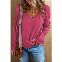 Rose Fiery Red V Neck Center Seam Long Sleeve Tee