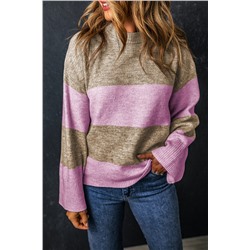 Rose Stripe Crew Neck Wide Sleeve Colorblock Sweater