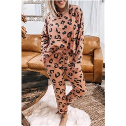 Pale Chestnut Leopard Long Sleeve Top and Drawstring Pants Set